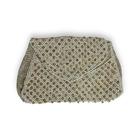 Handmade Handbags - Vintage Beaded Belt Bag Clutch Snap Close Ivory Hand Made In France Lattice